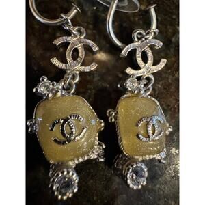 Chanel Turtle Crystal Pierced Earrings SHW 10A silver toned